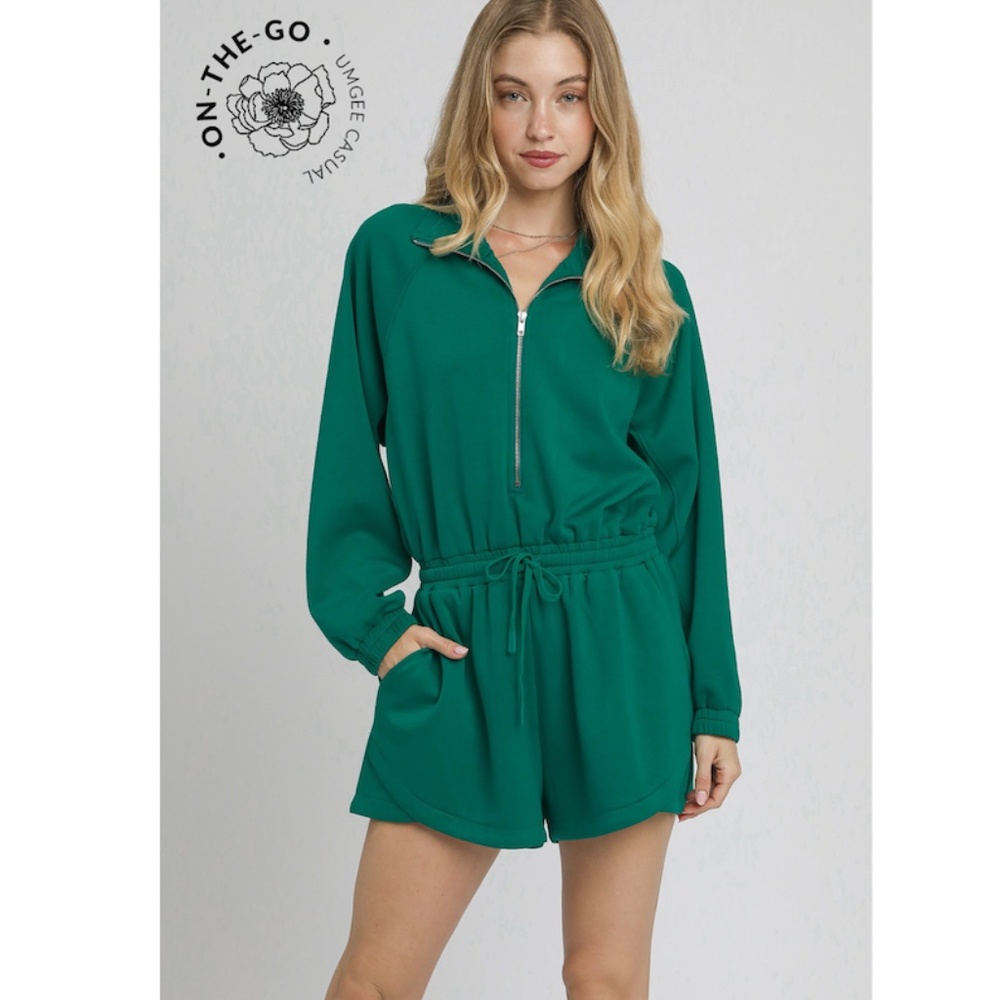 🌹 “The Clover" Teal Romper Luxeknit Half Zip